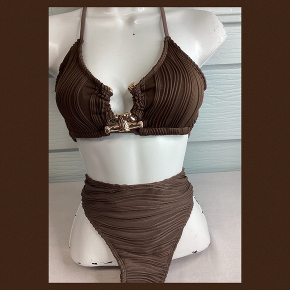 Zaful Brown Textured Bikini Set Modern Minimalist Swimwear - Picture 2 of 6